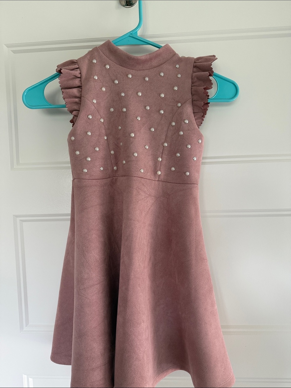 Girls' Pink faux suede Pearl-Embellished Ruffle Sleeve Dress